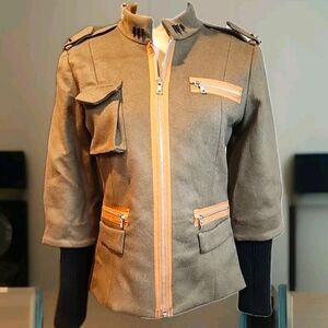 Julie Haus Camden Army Green Tan Black Wool Coat, Designer Couture, Size 2.